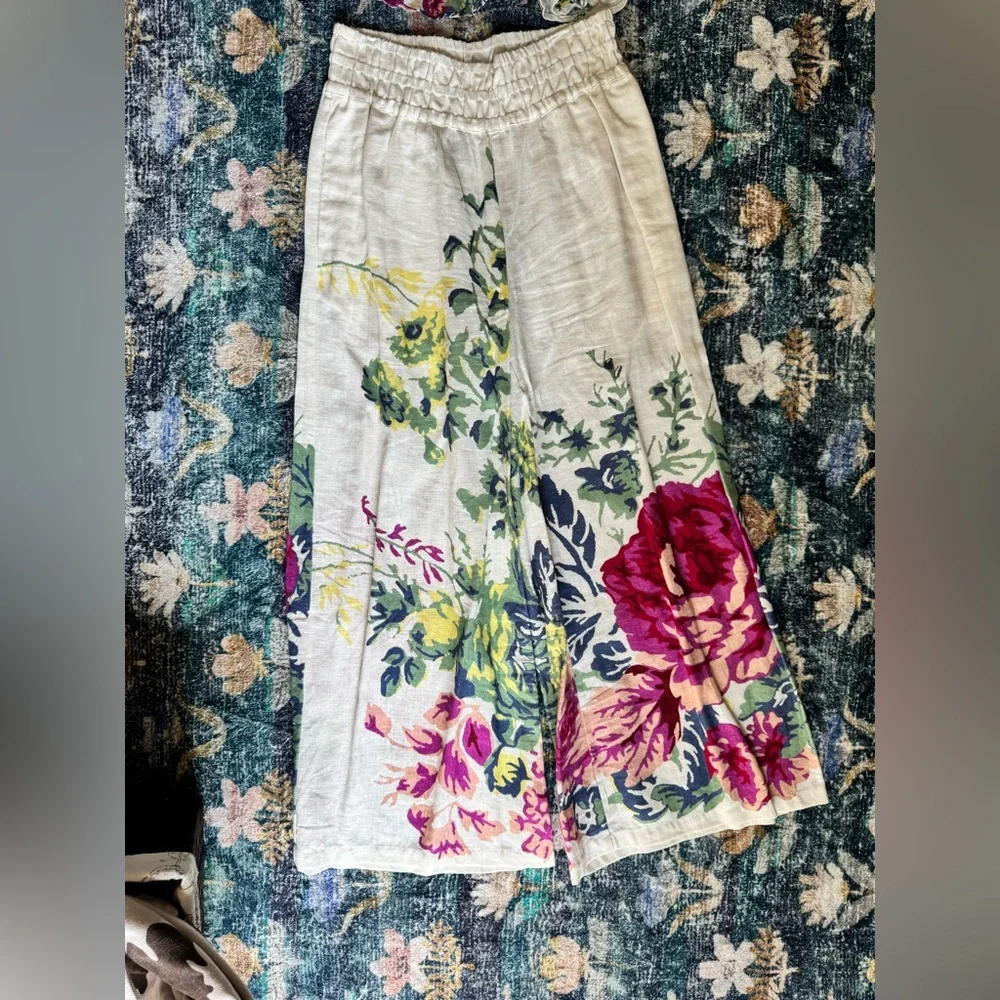 Anthropologie the Somerset Floral Linen Top & Wide Leg Pull On Pants Set - Picture 3 of 11